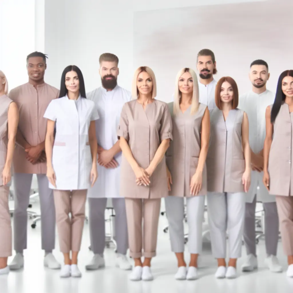 Mosolygó, professzionális szépségszalon csapat világos, elegáns környezetben a Skinstylehallban.