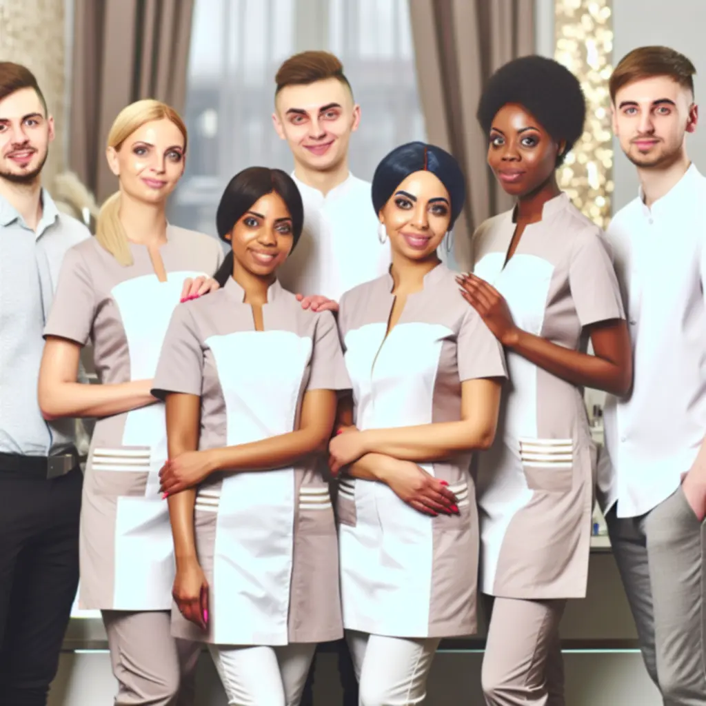 Mosolygó, professzionális szépségszalon csapat csoportképe.