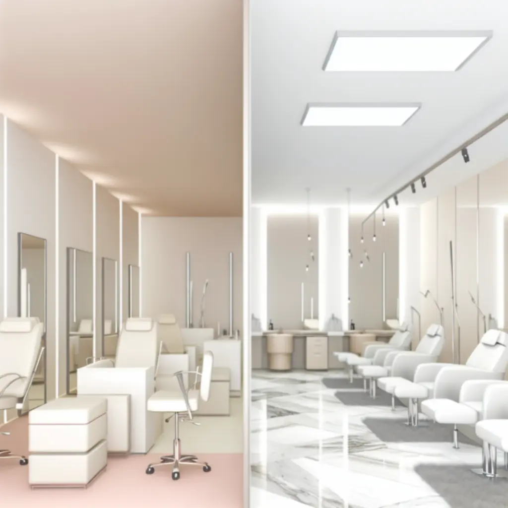 Modern, tágas szépségszalon enteriőr pasztell színekkel