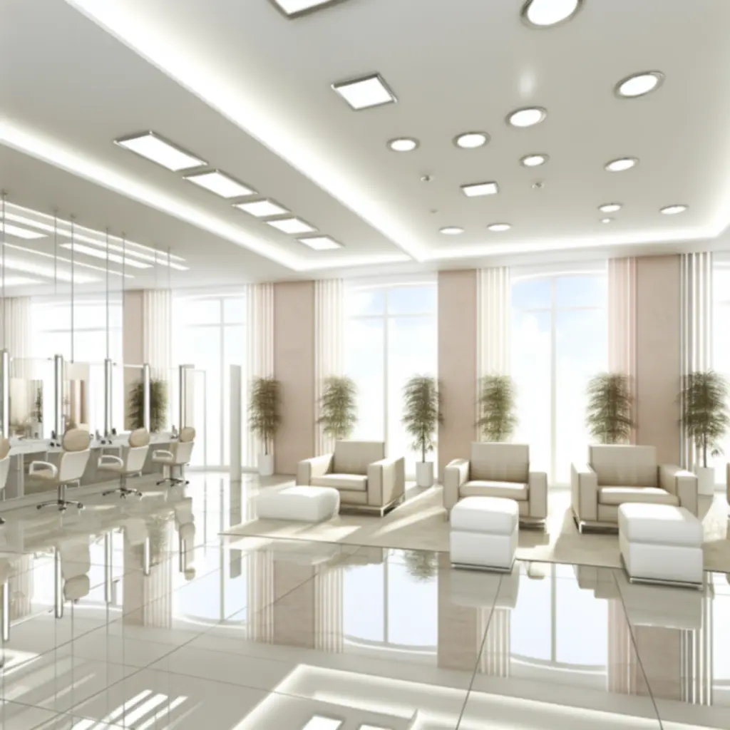 Világos, elegáns szépségszalon belső tér bézs és pasztell rózsaszín árnyalatokkal.